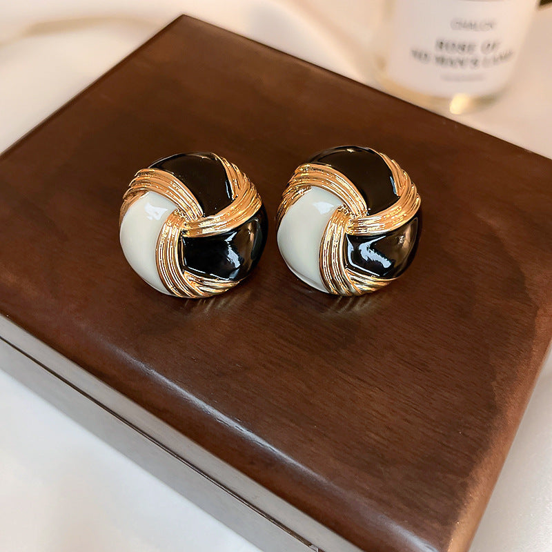 Vintage Floral Geometric Earrings with Rhinestone Inlay and Enamel Finish in Brass with Steel Posts for Women