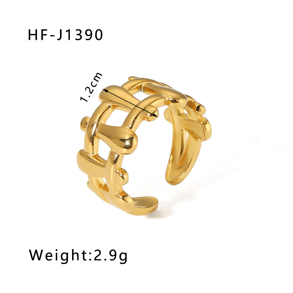 Minimalist Instagram Style Geometric Hollow Leaf and Floral Titanium Steel Ring with 18K Gold Plating for Women