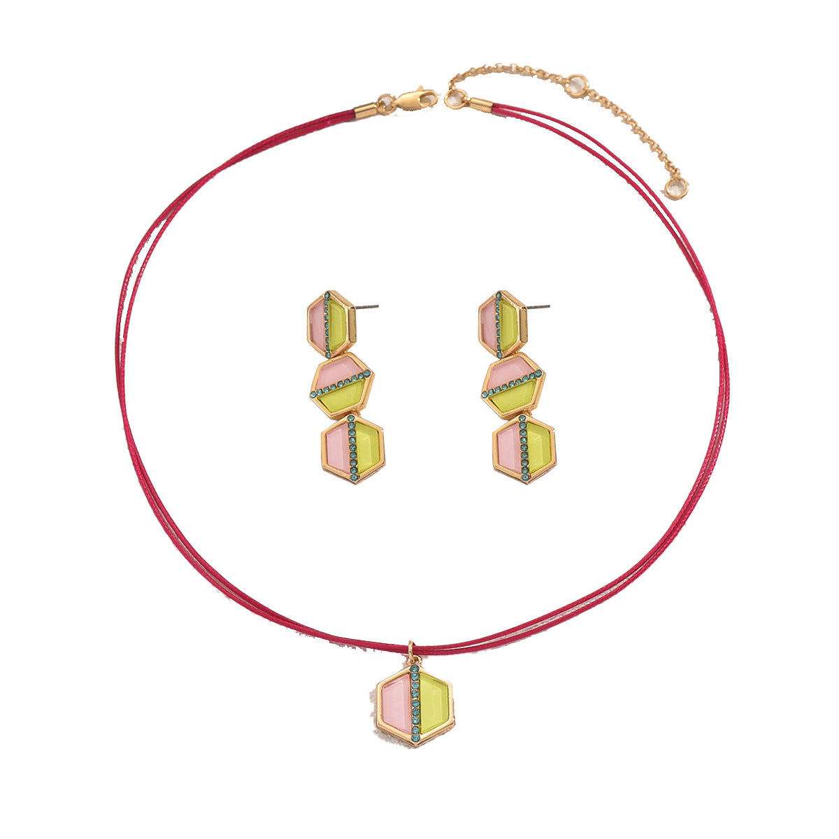 Parure da donna con collana e orecchini geometrici in rame con intarsio di strass, design pendente lungo irregolare