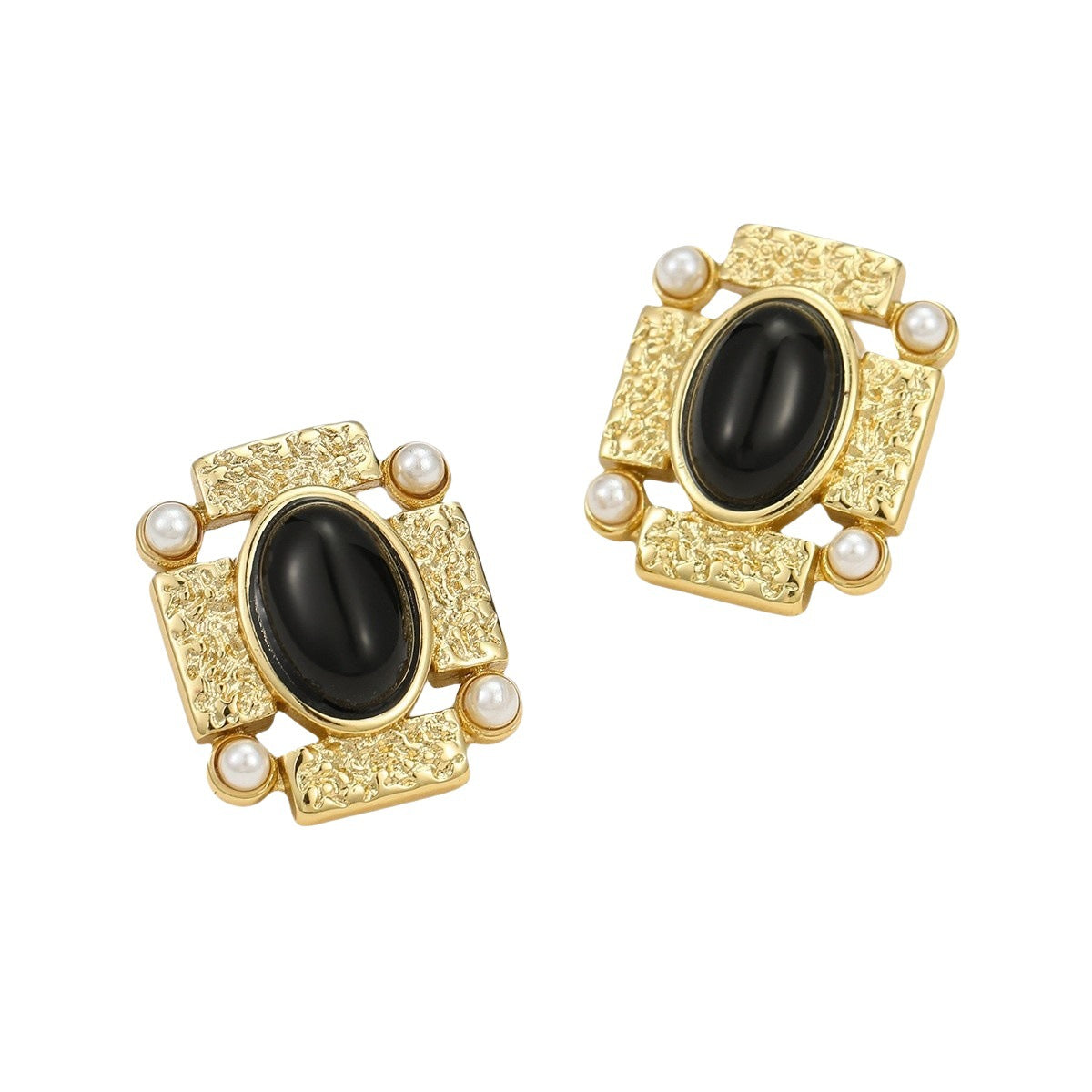 Pendientes de tuerca ovalados con perlas y textura cuadrada vintage para mujer, de piedra natural, de acero inoxidable con baño de oro
