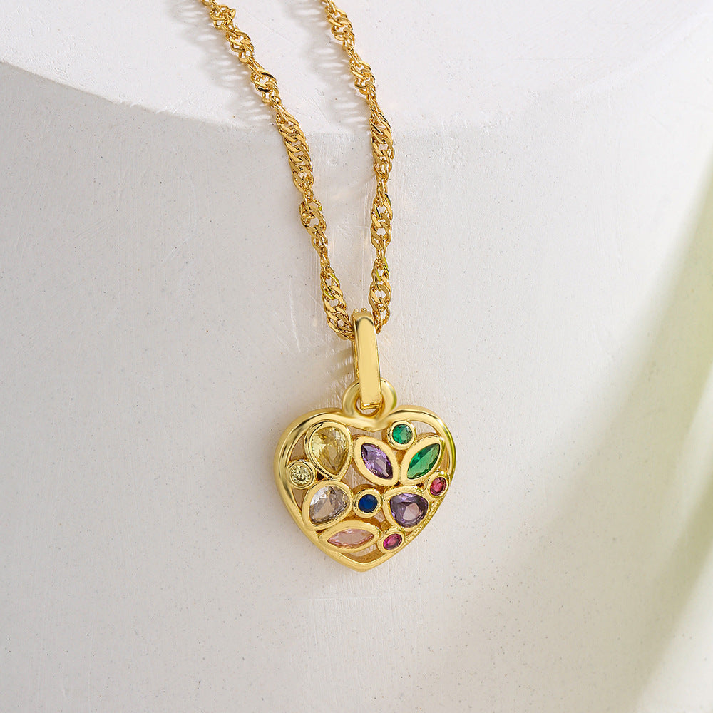 Collana a Pendente Geometrico Minimalista da Donna con Base in Rame Placcata in Oro 18K e Accento Cuore in Zircone