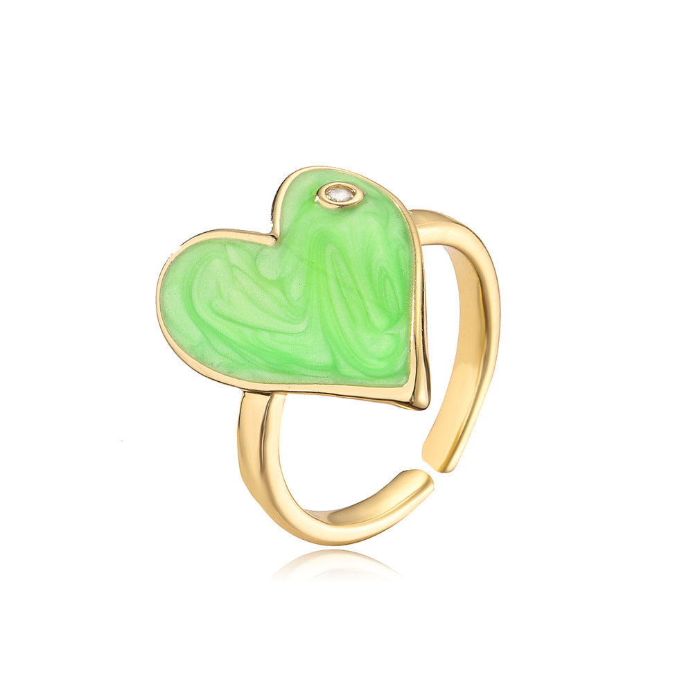 Cute Heart-Shaped Copper Ring with 18K Gold Plating and Enamel Finish for Women