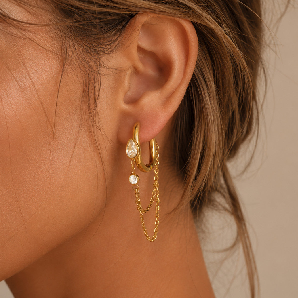 Minimalist Geometric Teardrop PVD Stainless Steel Chain Rhinestone Drop Earrings for Women