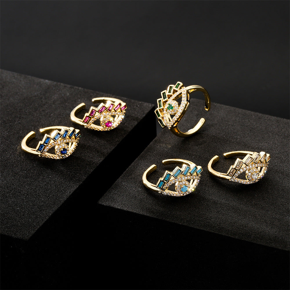 Geometric Micro-inlay Cubic Zirconia 18K Gold Plated Drip Oil Brass Ring for Women