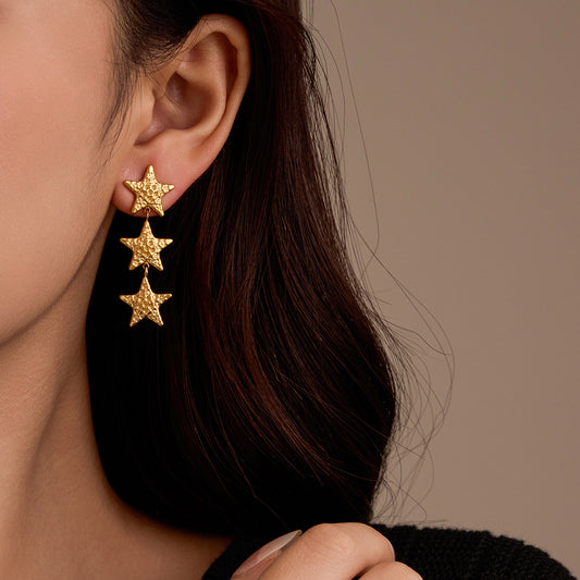 Vintage Stainless Steel Hammered Texture Star Stud Earrings with Tassel Detail for Women