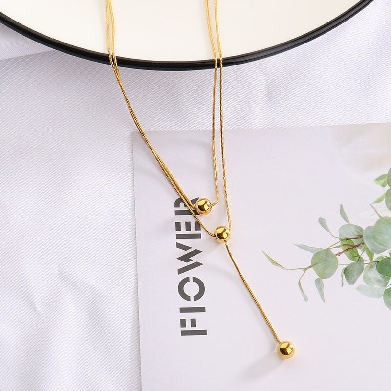 Minimalist Geometric Double-Layer Titanium Steel Snake Chain Necklace with Tassel Pendant for Women