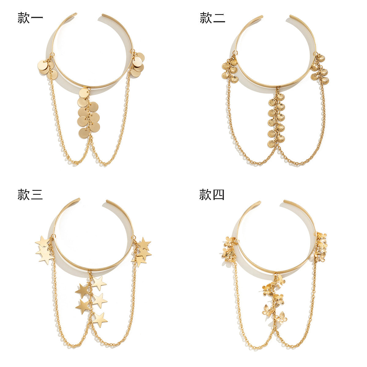 Bracciale a Polsino in Metallo a Forma di Farfalla Stile Punk con Nappe in Conchiglia e Finitura Placcata per Donna