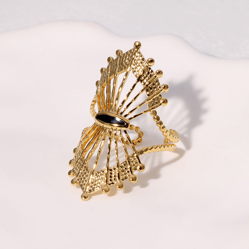 Vintage Geometric Fan-Shaped Hollow Stainless Steel Adjustable Open Ring for Women with Gold Plating