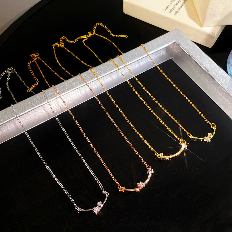 Minimalist Sweet Heart Full Cubic Zirconia Plated Titanium Steel Necklace with Brass Pendant Cable Chain Unisex