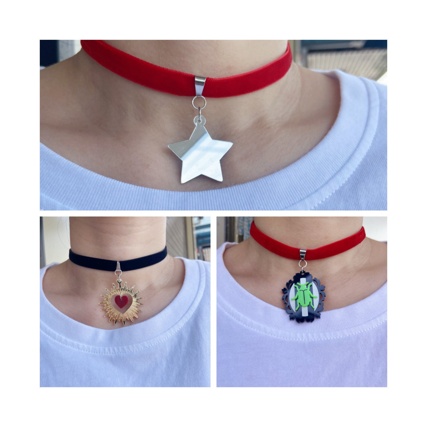 Sweet-Edgy Velvet Choker Necklace with Acrylic Star Snowflake Bat Skull Heart Pendant in Geometric and Insect Shapes