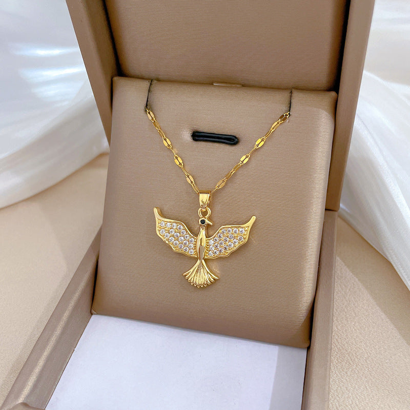 Elegant Geometric Bird Pendant Necklace for Women Stainless Steel Chain with Full Rhinestone Accents Lightweight Delicate Clavicle Chain