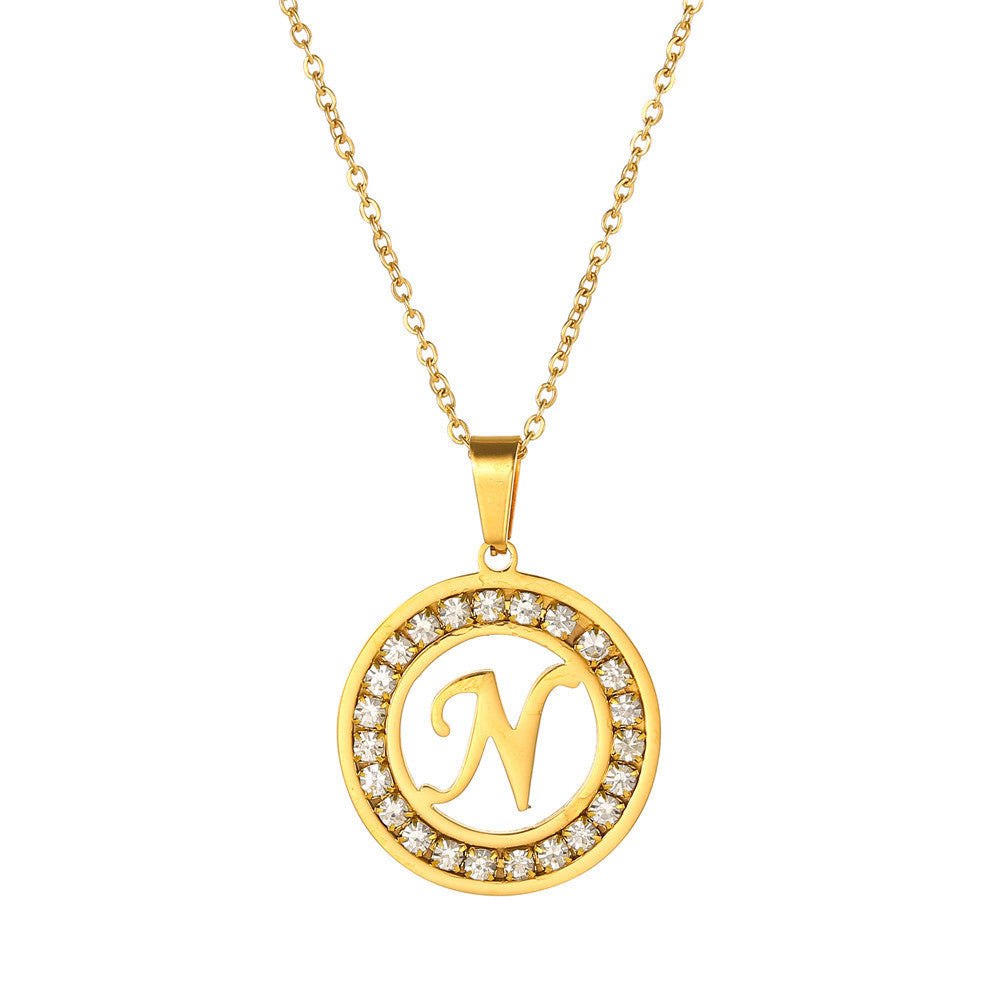 Minimalist Gold Plated Round Letter Rhinestone Inlay Pendant Necklace Titanium Steel Cable Chain