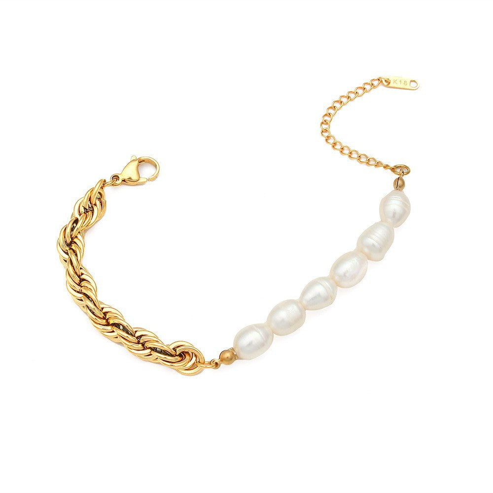 Minimalist Geometric Pearl Pendant Necklace and Bracelet Set in Titanium Steel with Plated Finish for Women