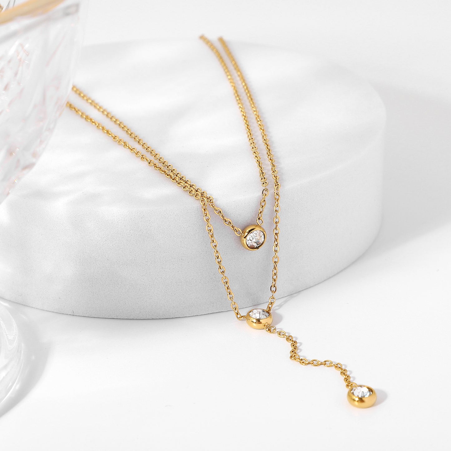 Trendy 18K Gold Plated Stainless Steel Y-Shape Geometric Necklace with Sparkling Water Drop Zircon for Women