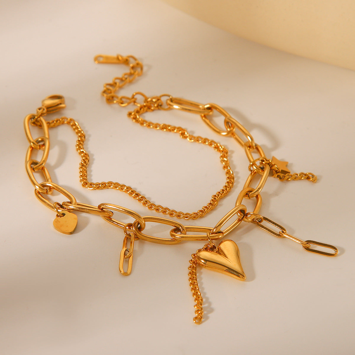 Fashionable 18K Gold Plated Stainless Steel Double Chain Bracelet with Star and Heart Charms for Women