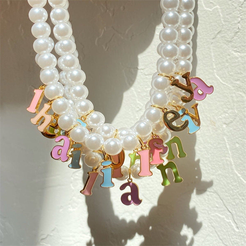 Casual 18K Gold Plated Letter Stainless Steel Necklace with Drip Oil and Pearl Pendant