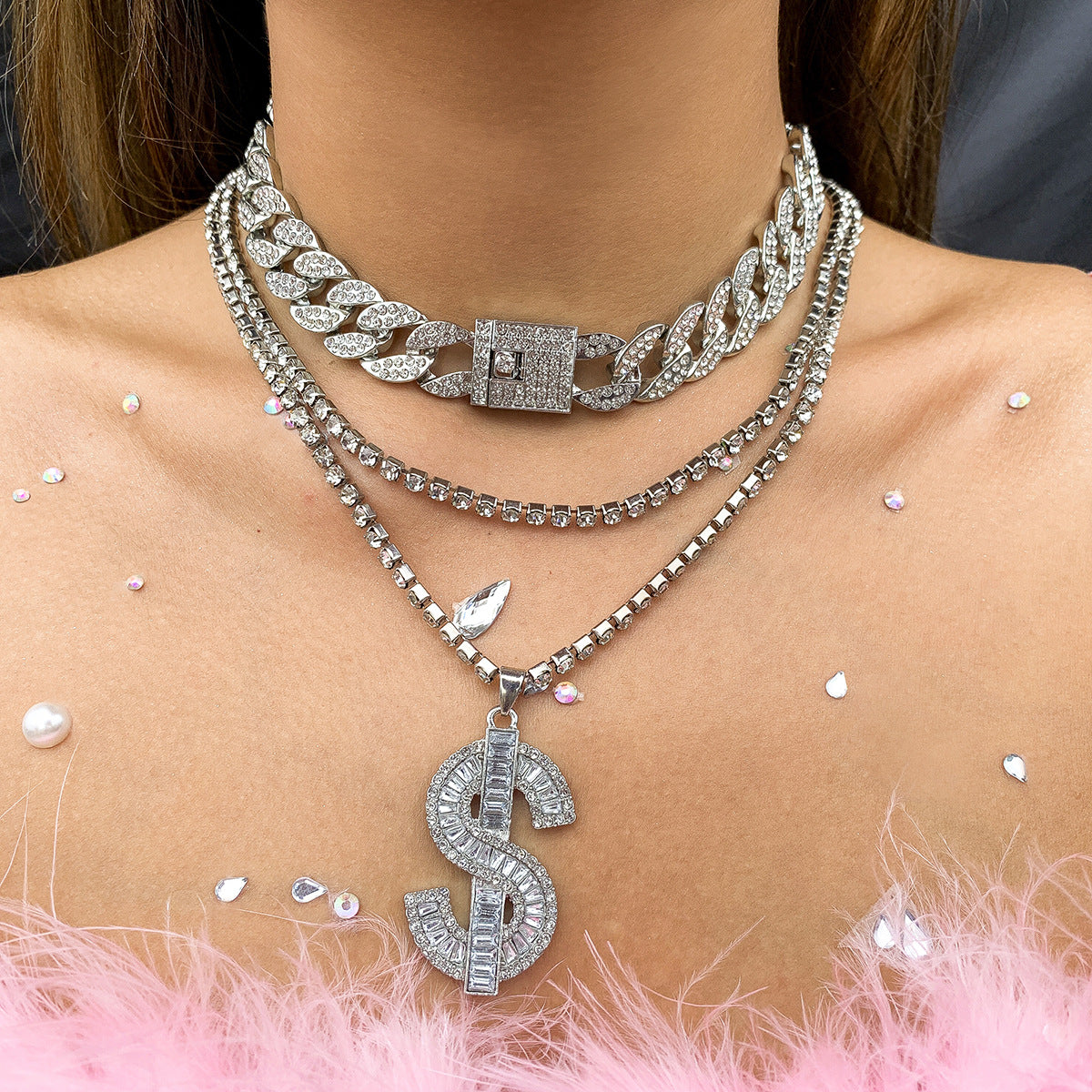 Vintage Geometric Cuban Link Necklace with Rhinestone Inlay for Women Adjustable Layering Set