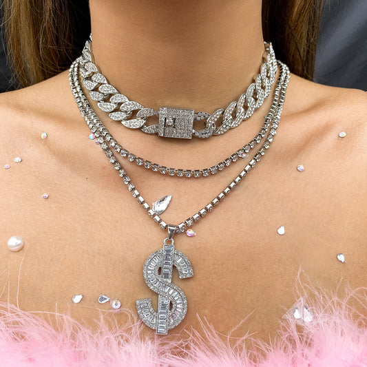 Set di collane a catena cubana geometrica vintage con intarsi di strass per donne, regolabile a strati