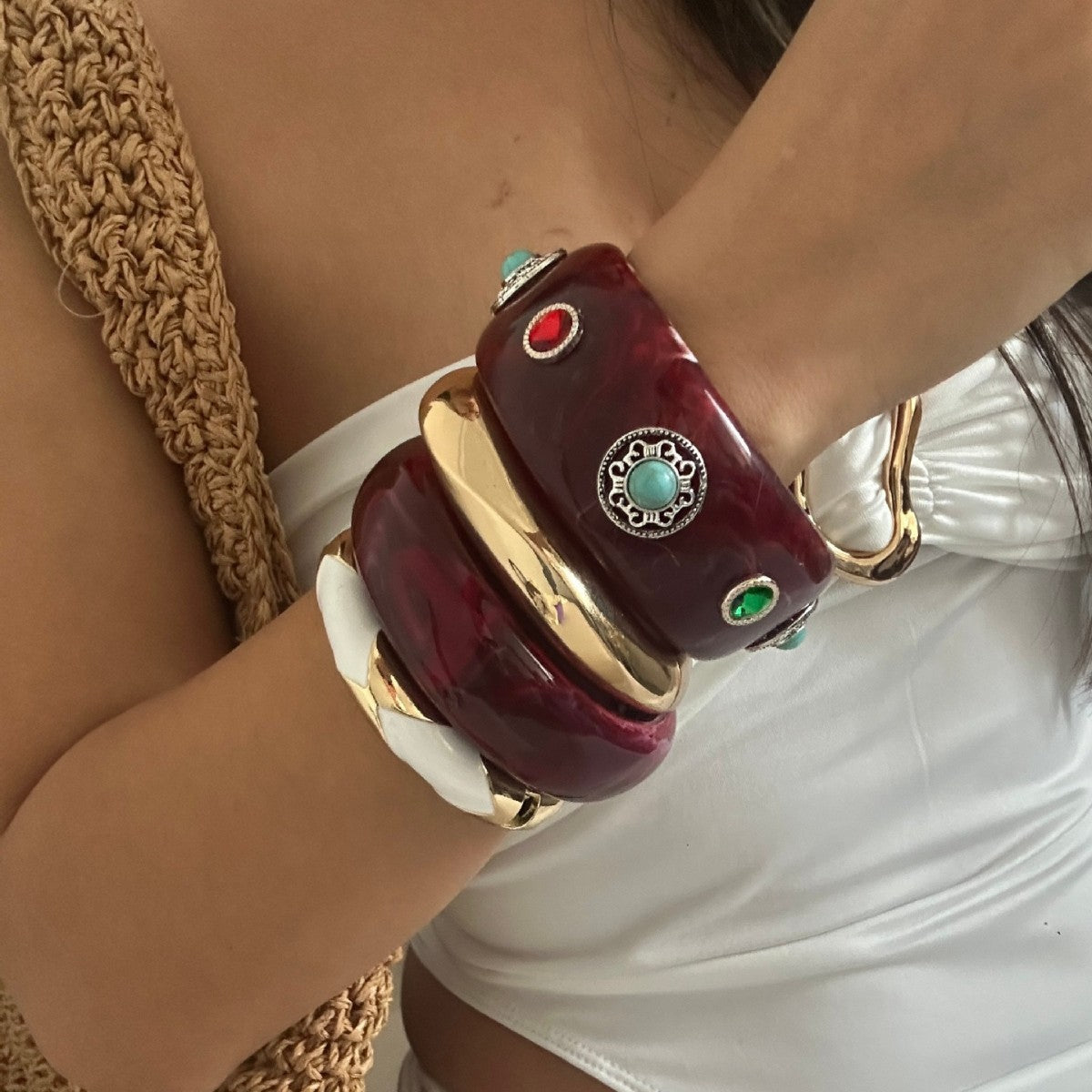 Ethnic Geometric Round Floral Acrylic Bracelet with Rhinestone and Turquoise Inlay Plated Finish