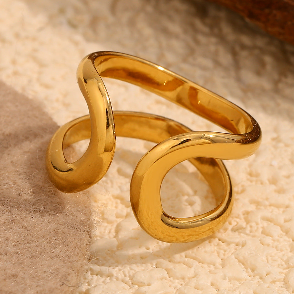 Anello da donna minimalista geometrico in acciaio inossidabile placcato oro 18 carati con doppia fascia aperta a otto