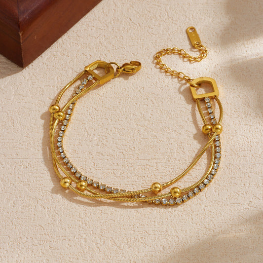 Vintage Gold Plated Stainless Steel Geometric Rhinestone Snake Chain Bracelet