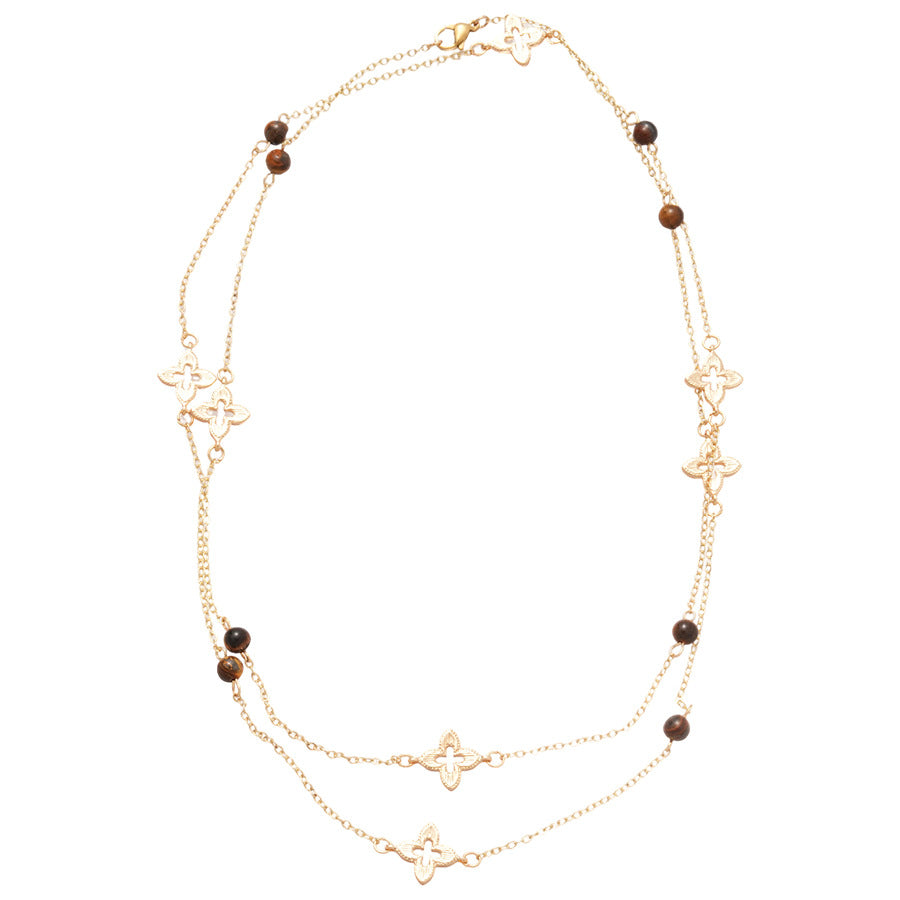 Collana pendente floreale da donna minimalista ed elegante con occhio di tigre e perle, in lega placcata oro, stile catena per maglione, per tutti i giorni