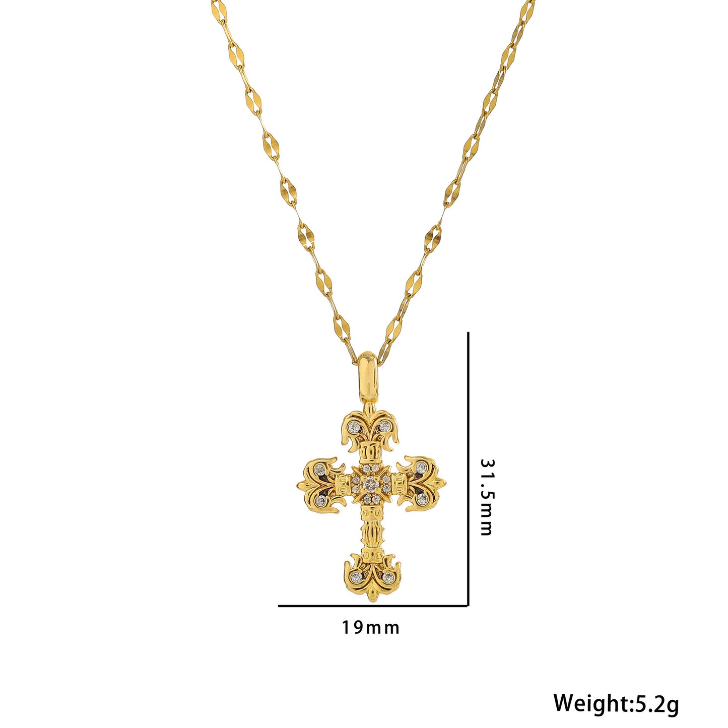 Collana con ciondolo a croce in stile vintage in acciaio al titanio con finitura dorata galvanizzata su catena a O per donna