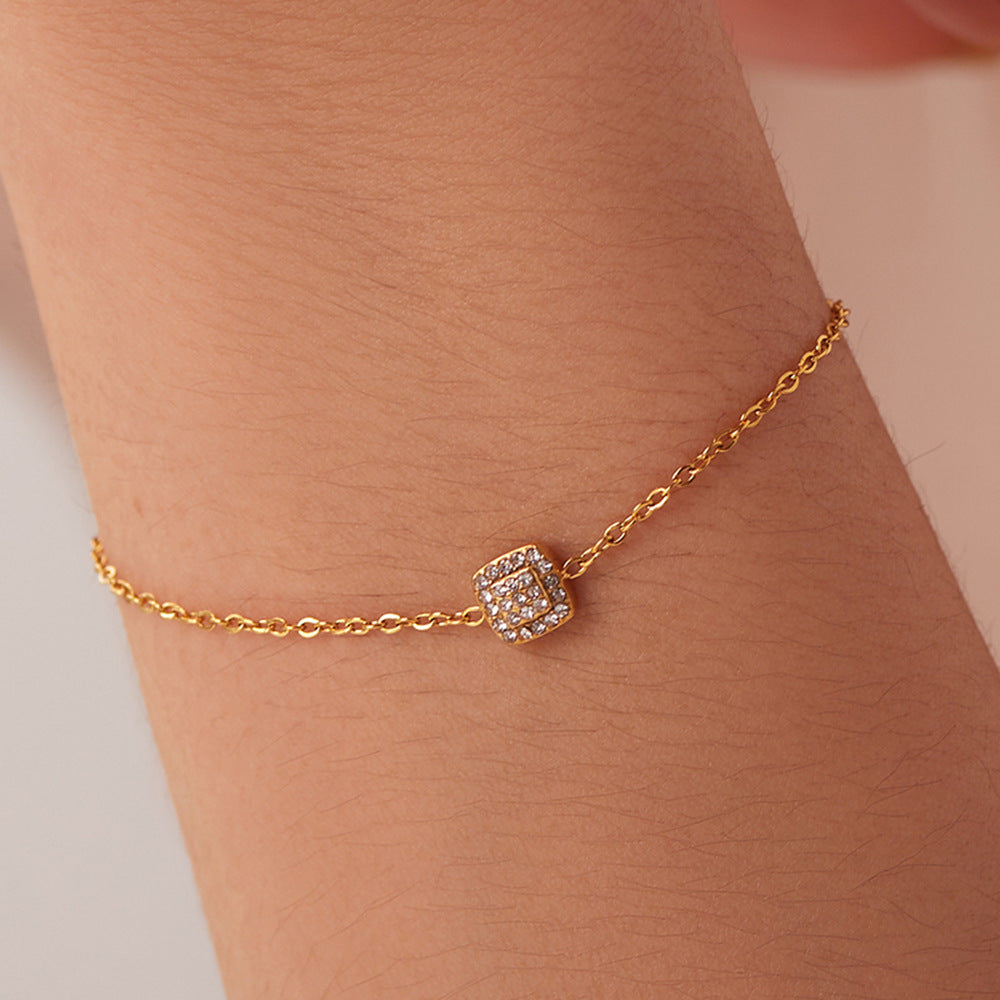 Minimalist Thin Bracelet with Geometric Square Pendant, 18K Gold-Plated Stainless Steel, Cubic Zirconia Accent, Women's Jewelry
