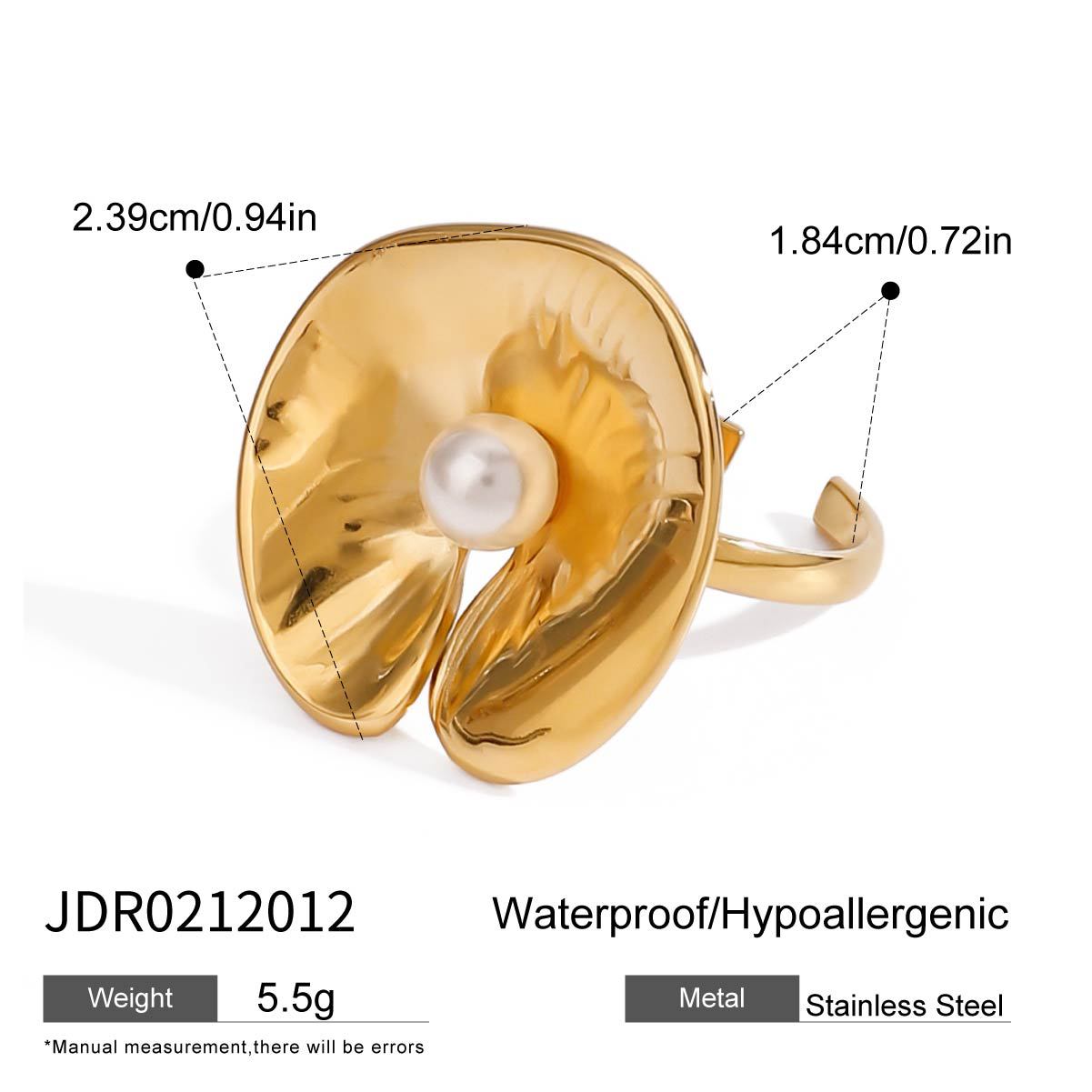 Geometric Plated Stainless Steel Ring with Pearl for Women