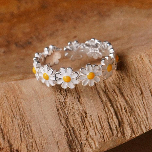 Anello in argento sterling 925 a forma di margherita in stile naturale da donna con finitura galvanizzata