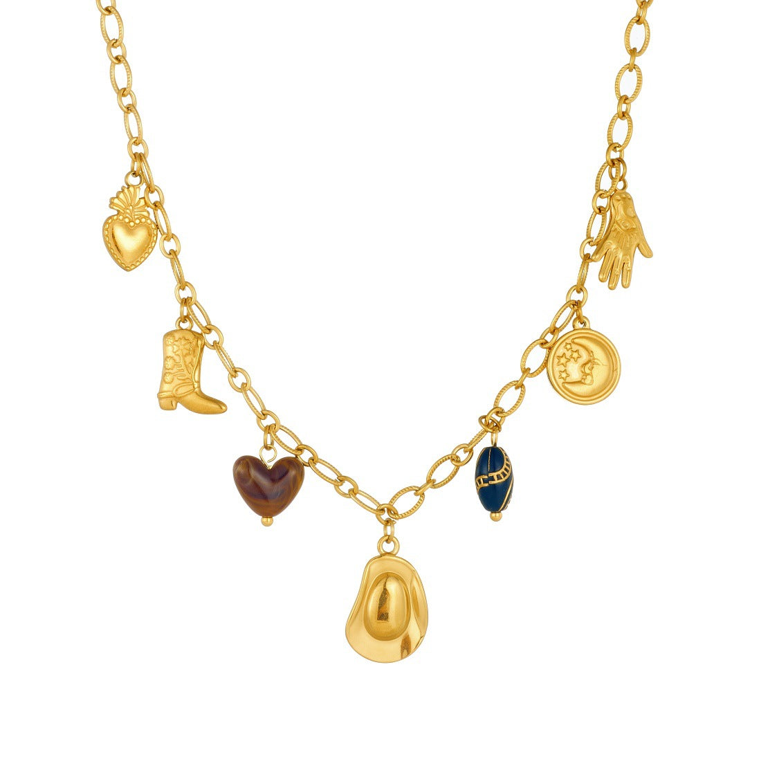 Vintage Gold Plated Stainless Steel Cowboy Hat Boot Round Moon Pendant Necklace for Women