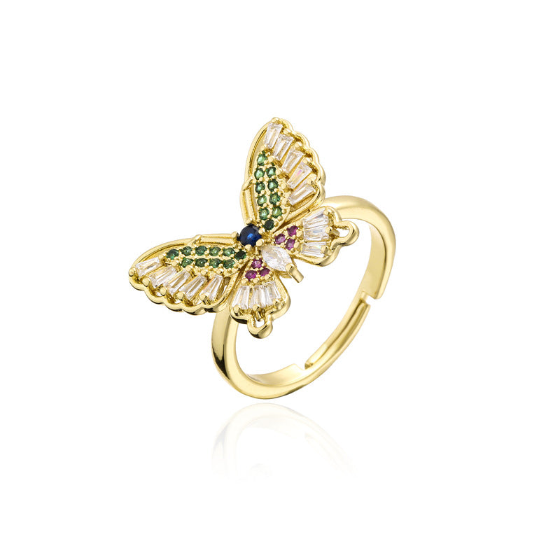 INS Style Geometric Butterfly Ring in Copper with Micro-Paved Cubic Zirconia and 18K Gold Plating