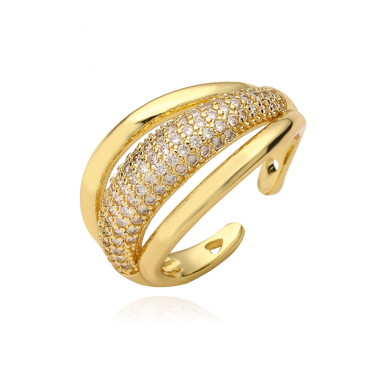 Geometric Open Ring for Women with Copper Base Plated in 18K Gold and Micro-Paved Zirconia, Fashion-Forward Minimalist Design