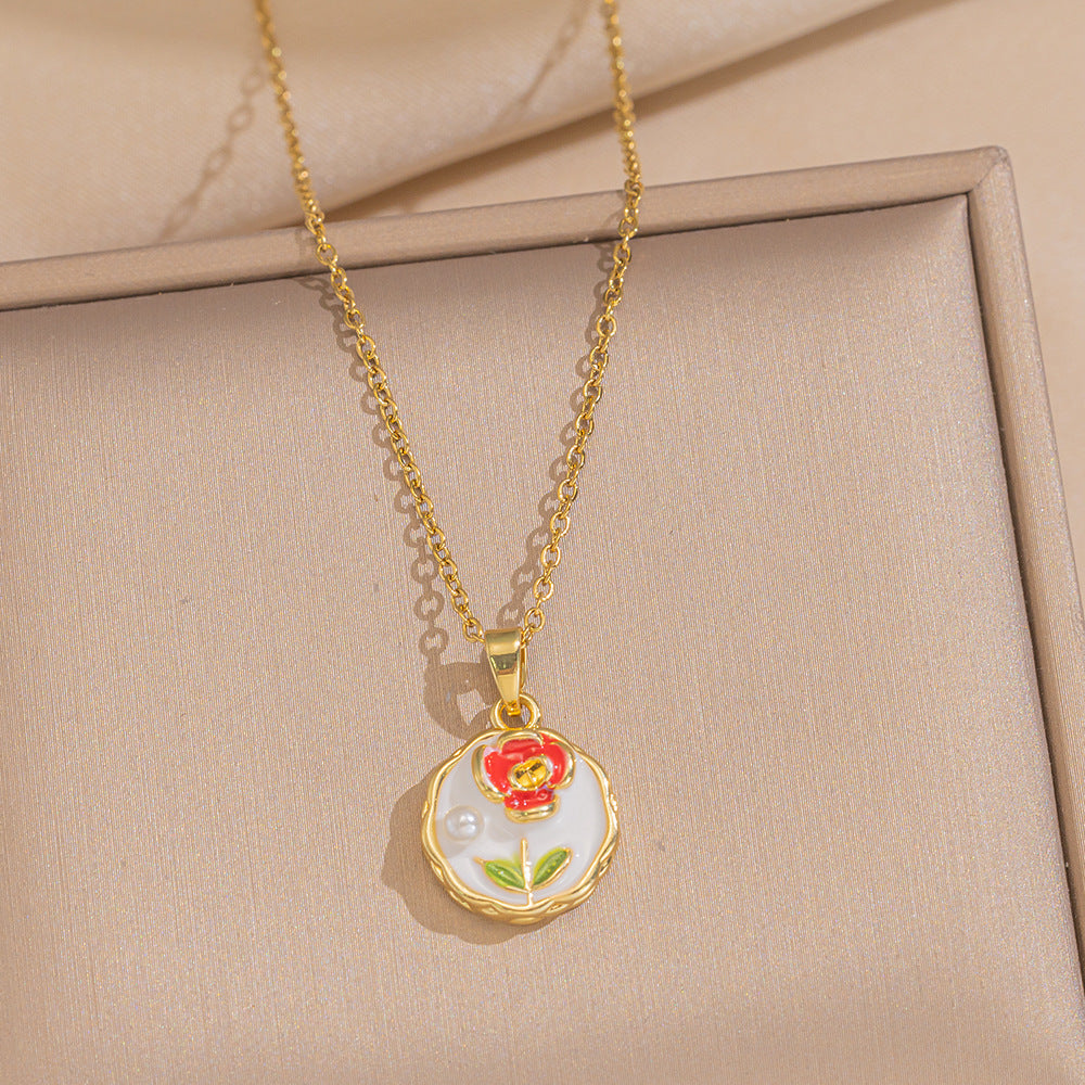 Baroque Style Leaf-Shaped Titanium Steel Necklace with Tulip Floral Motif, Vacuum-Plated for Hypoallergenic Wear, O-Chain Design