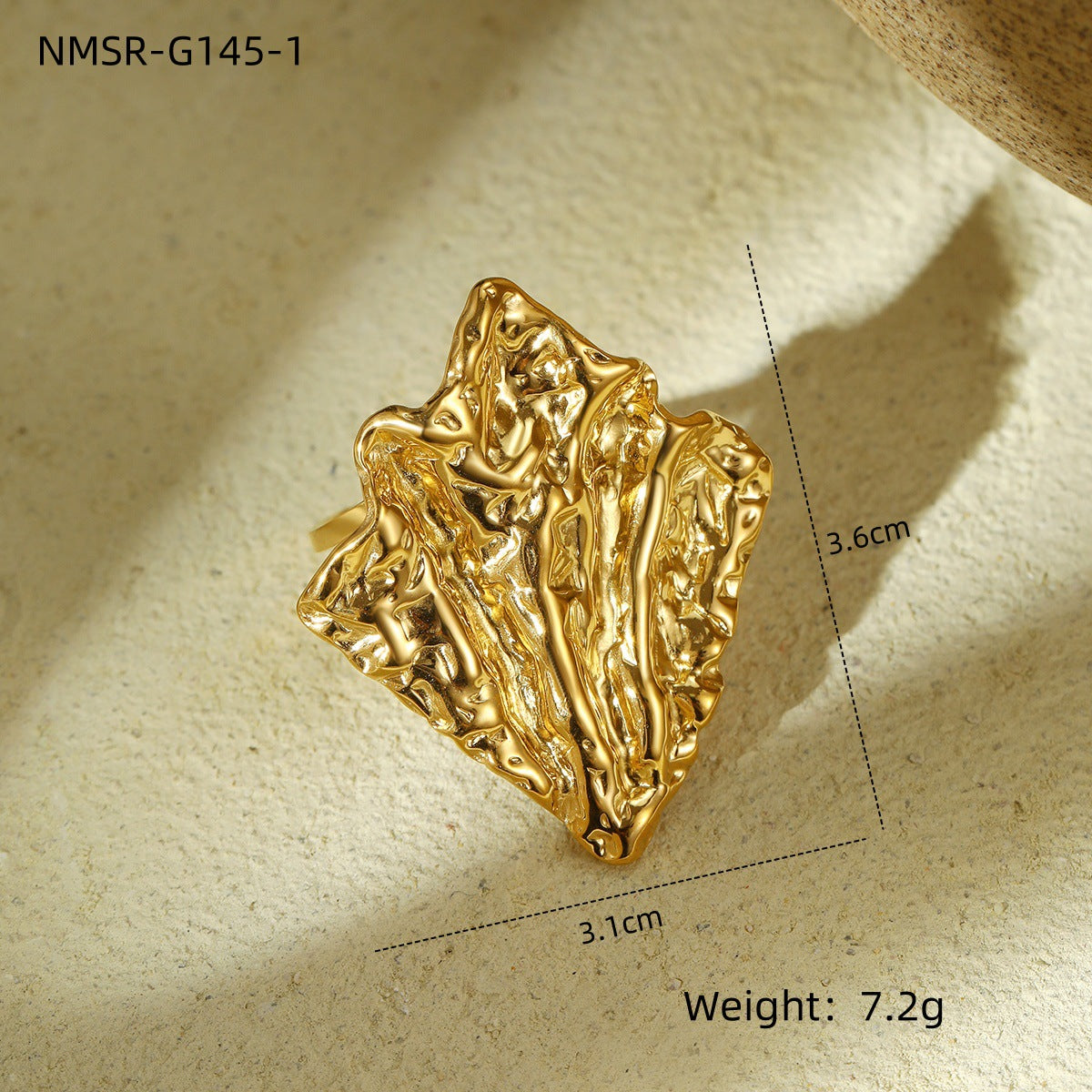 Anillo de acero inoxidable irregular arrugado con acabado chapado de estilo retro francés para mujer