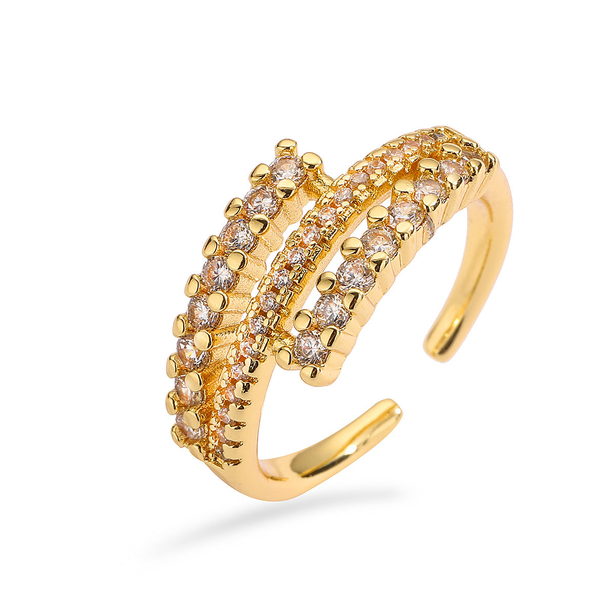 Anello aperto geometrico minimalista da donna in rame con zirconi micro-incastonati