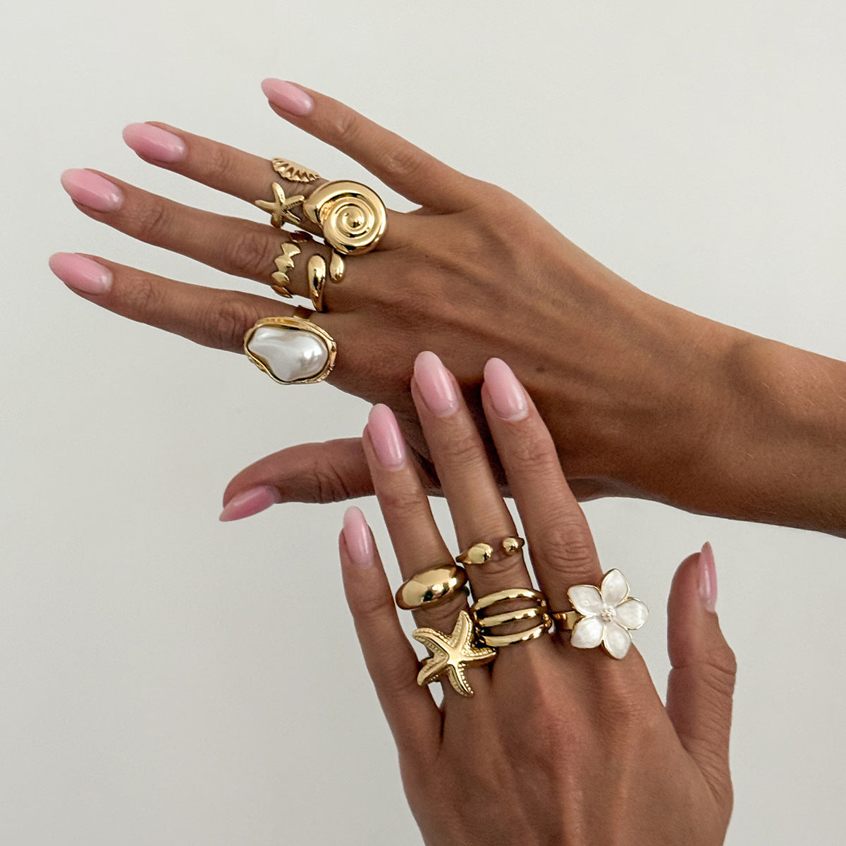 Sweet Floral Starfish Shell Zinc Alloy Plated Drip Oil Faux Pearl Open Ring for Women