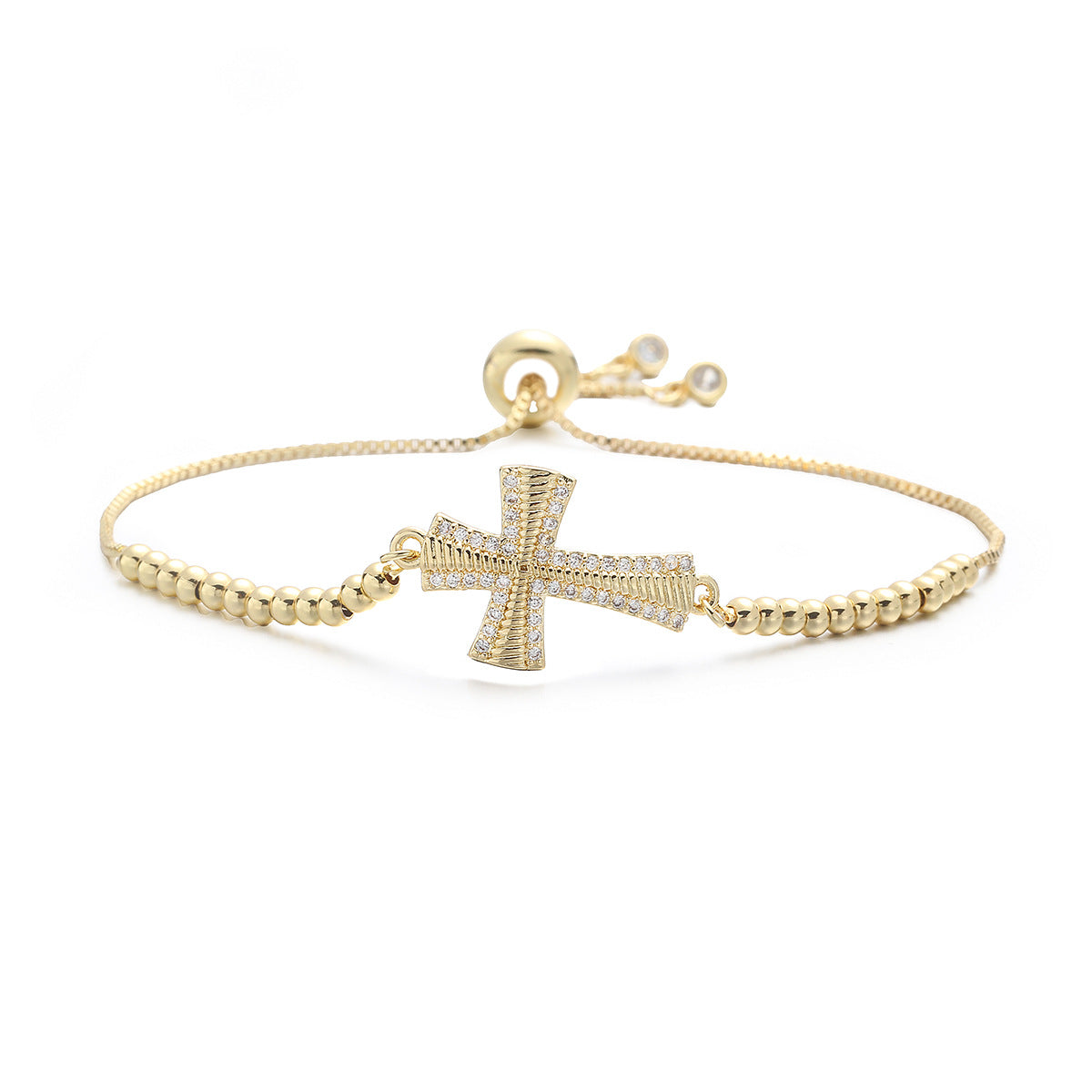 Minimalist 18K Gold Plated Brass Geometric Cross Bracelet with Cubic Zirconia for Women