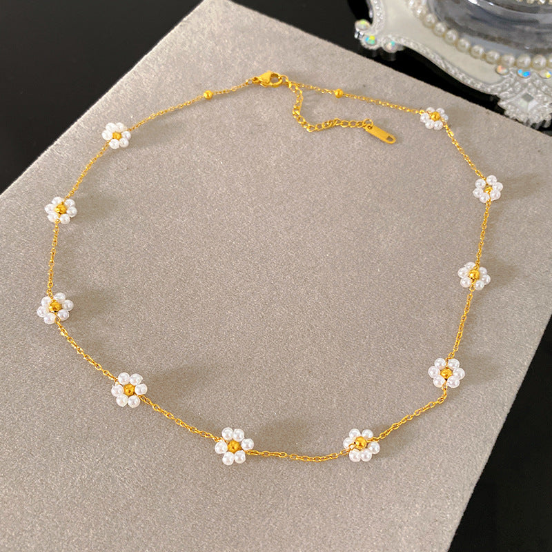 Elegant Floral Geometric Titanium Steel Necklace with Pearl Plated Pendant for Unisex