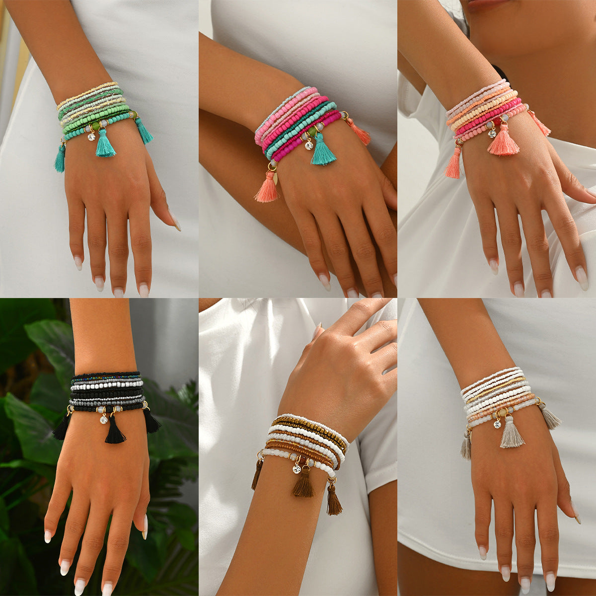 Geometric Fashion OL Women's Braided Millet Bead Bracelet Set Stylish Minimalist Hand Jewelry