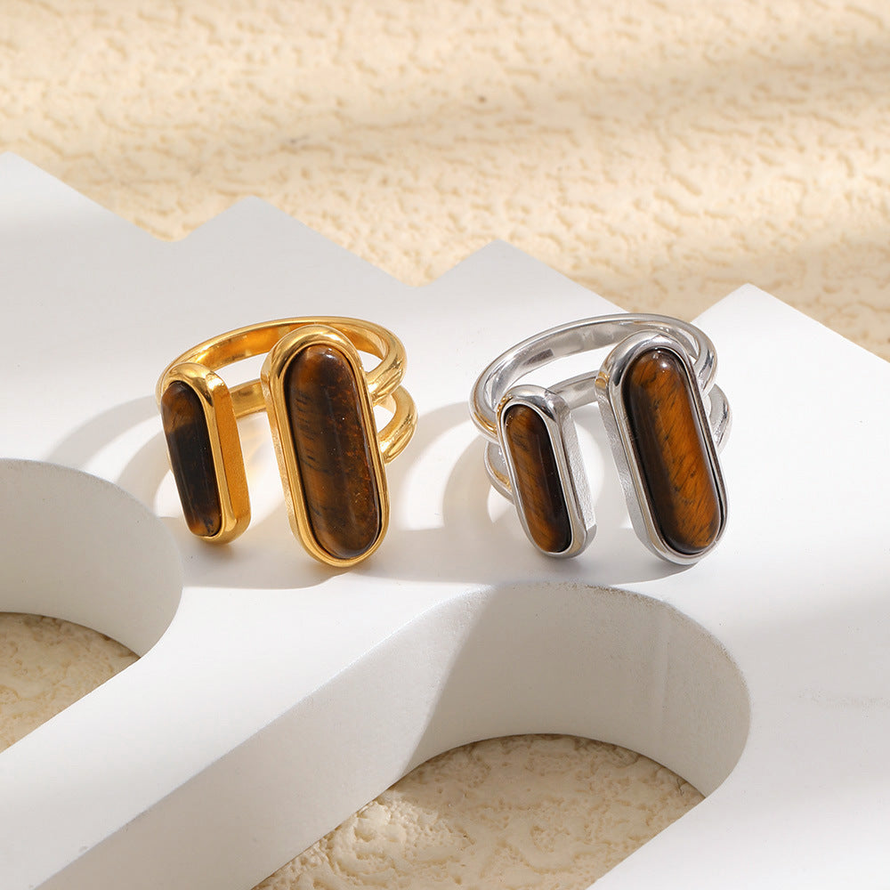 Minimalist Luxury 18K Gold Plated Stainless Steel Geometric Tiger's Eye Open Ring for Women