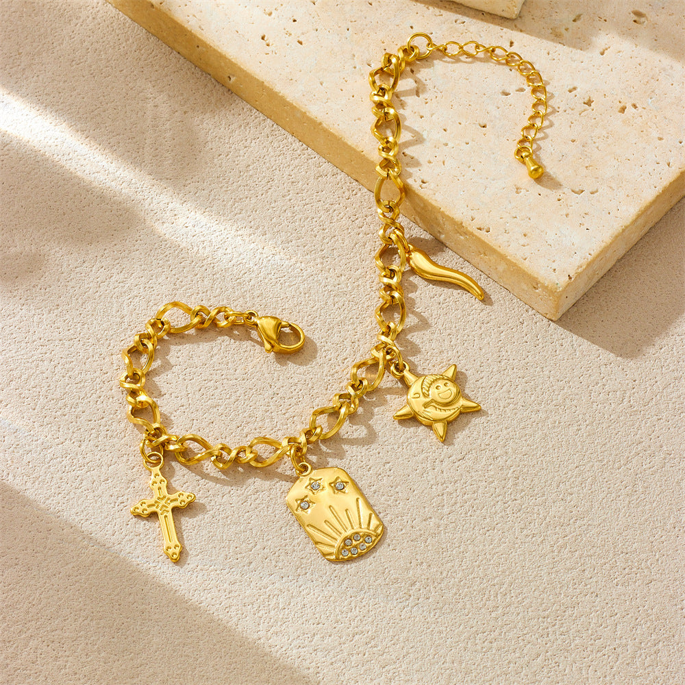 Fashionable Vintage Starfish Pendant Stainless Steel Bracelet for Women with Cross Motif and Plated Finish