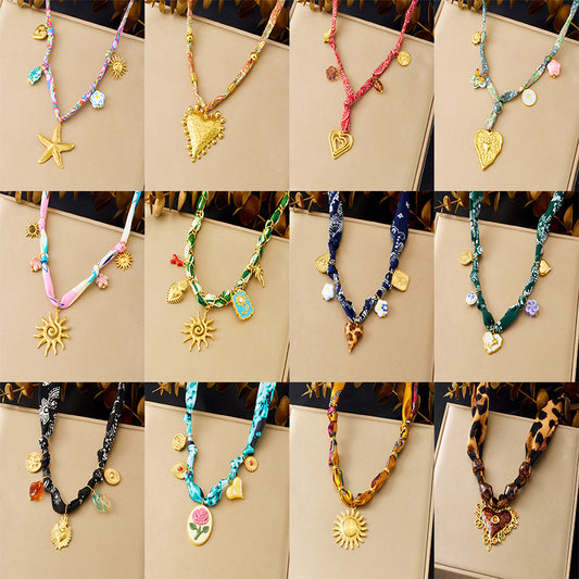 Vintage Colorful Printed Floral Heart Starfish Pendant Gold Plated Stainless Steel Rope Chain Necklace for Women