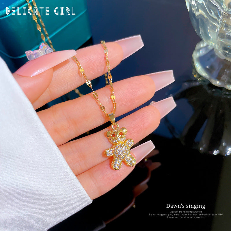 Luxury Minimalist Bear-Shaped Titanium Steel Necklace with Micro-Pave Rhinestone Accents for Women