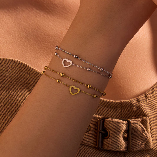 Fashionable Minimalist Double-Layer Heart-Shaped Stainless Steel Bracelet with 18K Gold Plating for Women, Hypoallergenic Valentine's Day Gift
