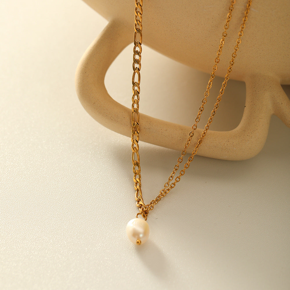 Minimalist Geometric Double-Layer Snake Chain Necklace with Freshwater Pearl Pendant in Titanium Steel Plated with 18K Gold for Women
