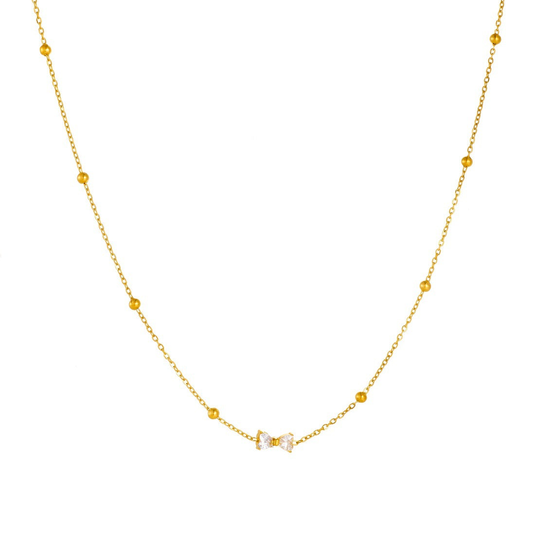 Minimalist Gold Plated Stainless Steel Rhinestone Bow Pendant Necklace and Earring Set for Women