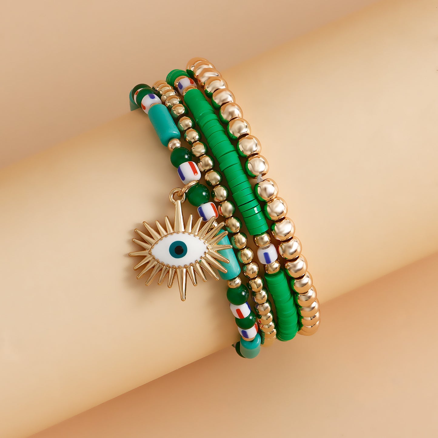 Minimalist Geometric Evil Eye Alloy Bracelet for Women with Plated Finish and Multicolor Polymer Clay Beads