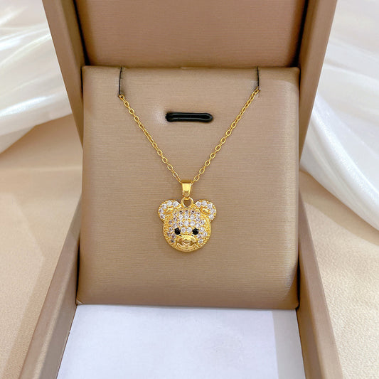 Collar de lujo de acero titanio con colgante de oso geométrico para mujer con incrustaciones de diamantes de imitación, cadena de serpiente ajustable de 21-50 cm, joyería delicada para la clavícula