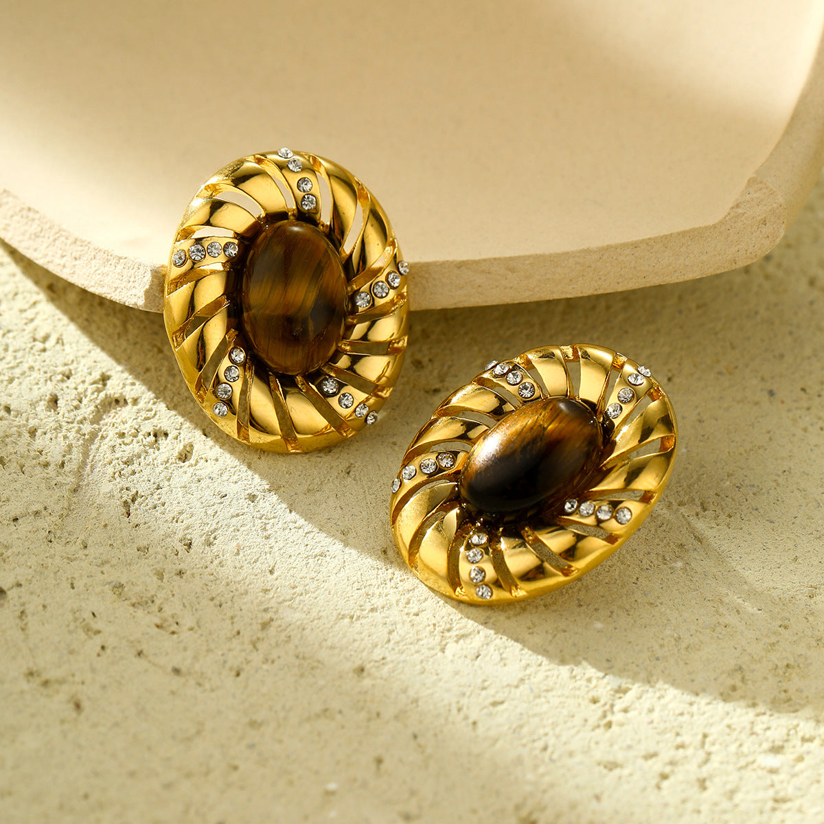 Fashionable Oval Tiger Eye Rhinestone-Set Titanium Steel Earrings for Women with Plated Finish and Geometric Design